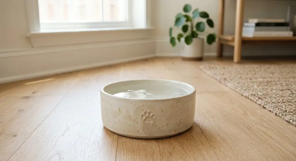 A clean plastic water bowl sitting on a hardwood floor.