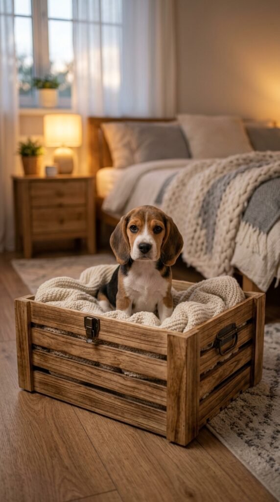 Beagle puppy sitting in a crate