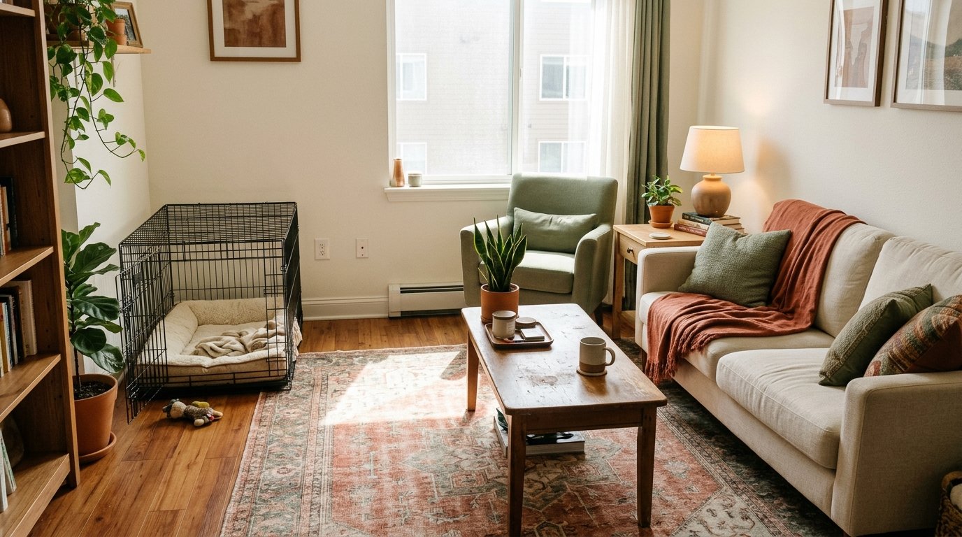 A clean wire dog crate fitted with a soft fleece mat inside a warm apartment living room.