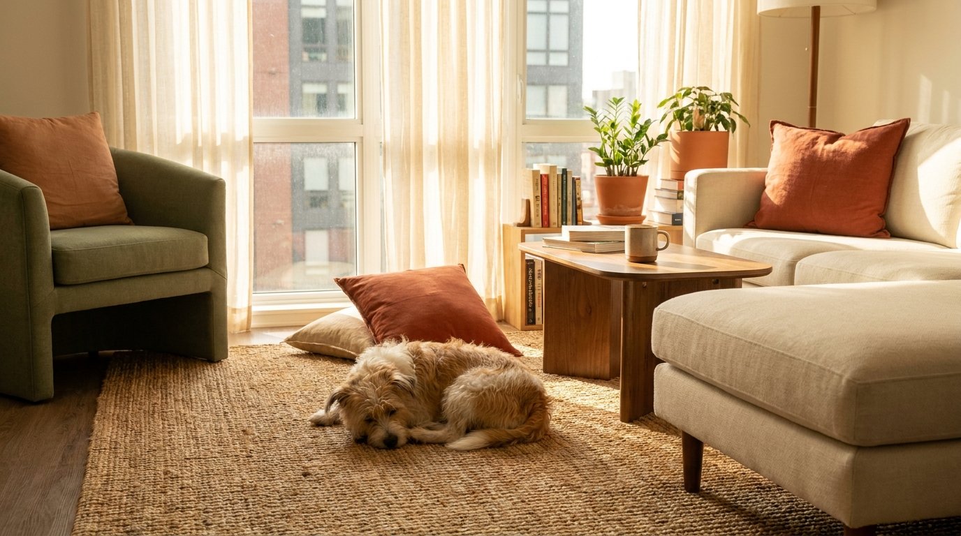 A small dog resting peacefully on a living room rug inside a bright modern apartment.