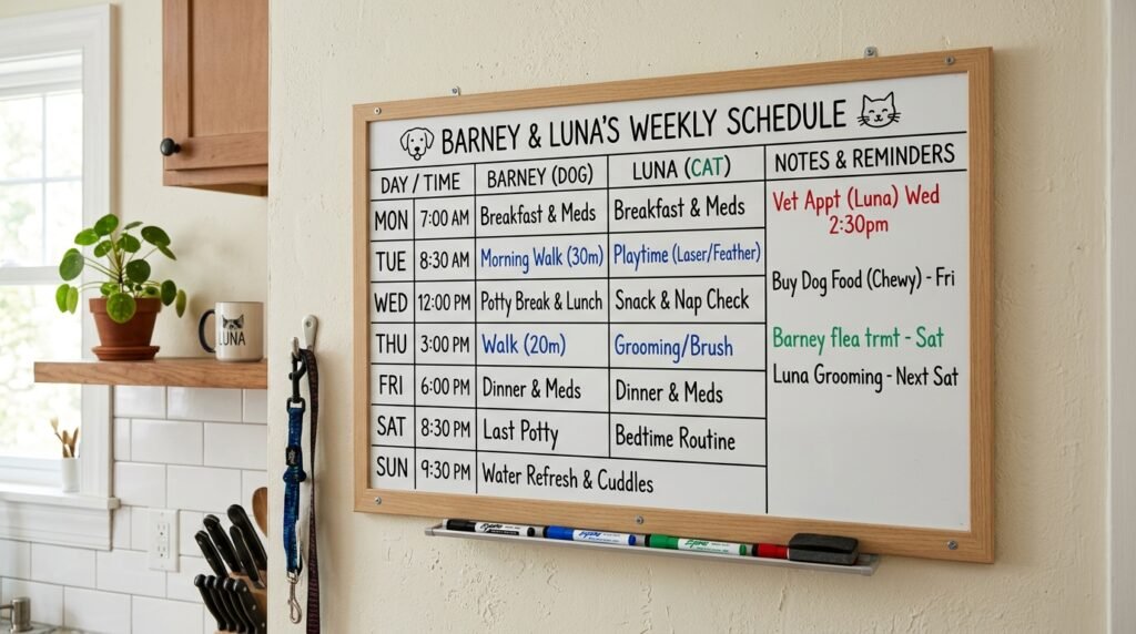 Whiteboard pet routine board mounted on a suburban kitchen wall.