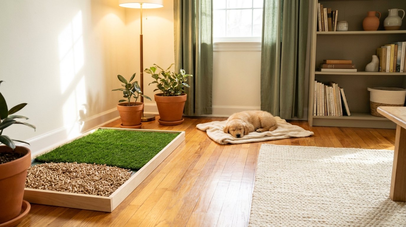 A flat-lay layout showing a white pee pad, a patch of green grass, paper litter pellets, and a cleaning spray bottle on a wooden table.