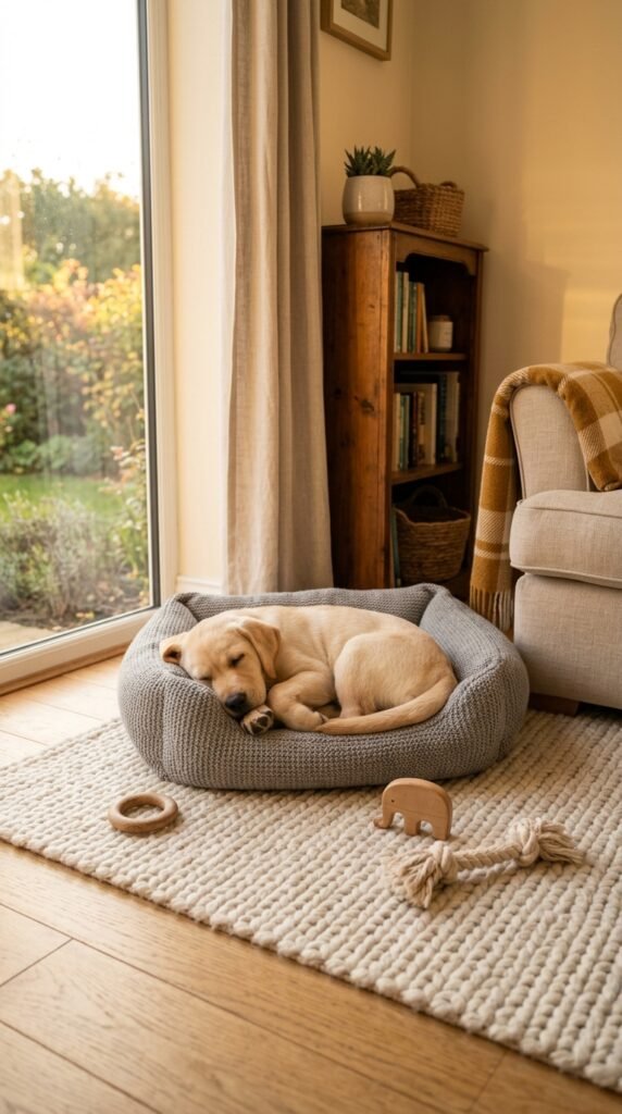 Sleepy puppy curled up in the corner of a room