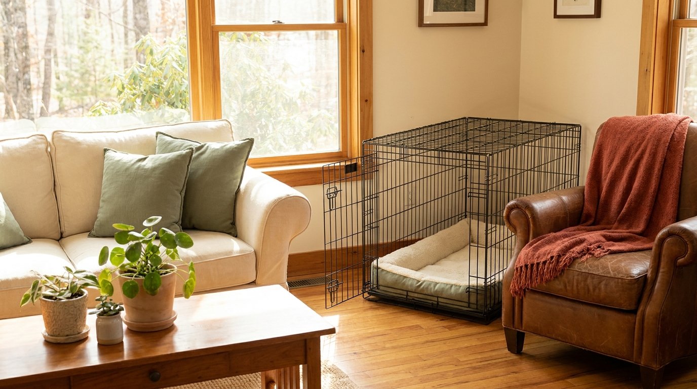 A wire dog crate with a fleece mat inside sitting in a bright, modern living room.