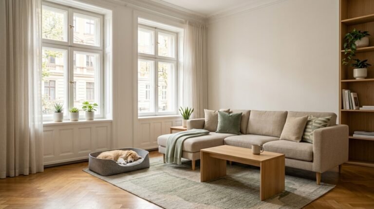 A mixed-breed puppy sleeping in a small cream dog bed in a modern apartment living room.