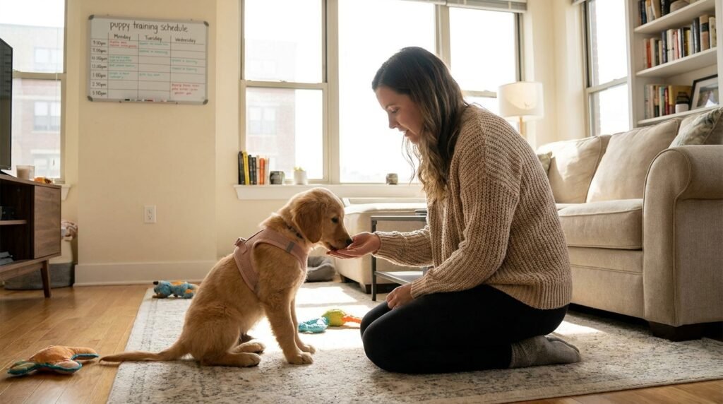 A person training a puppy with treats in a sunlit living room.