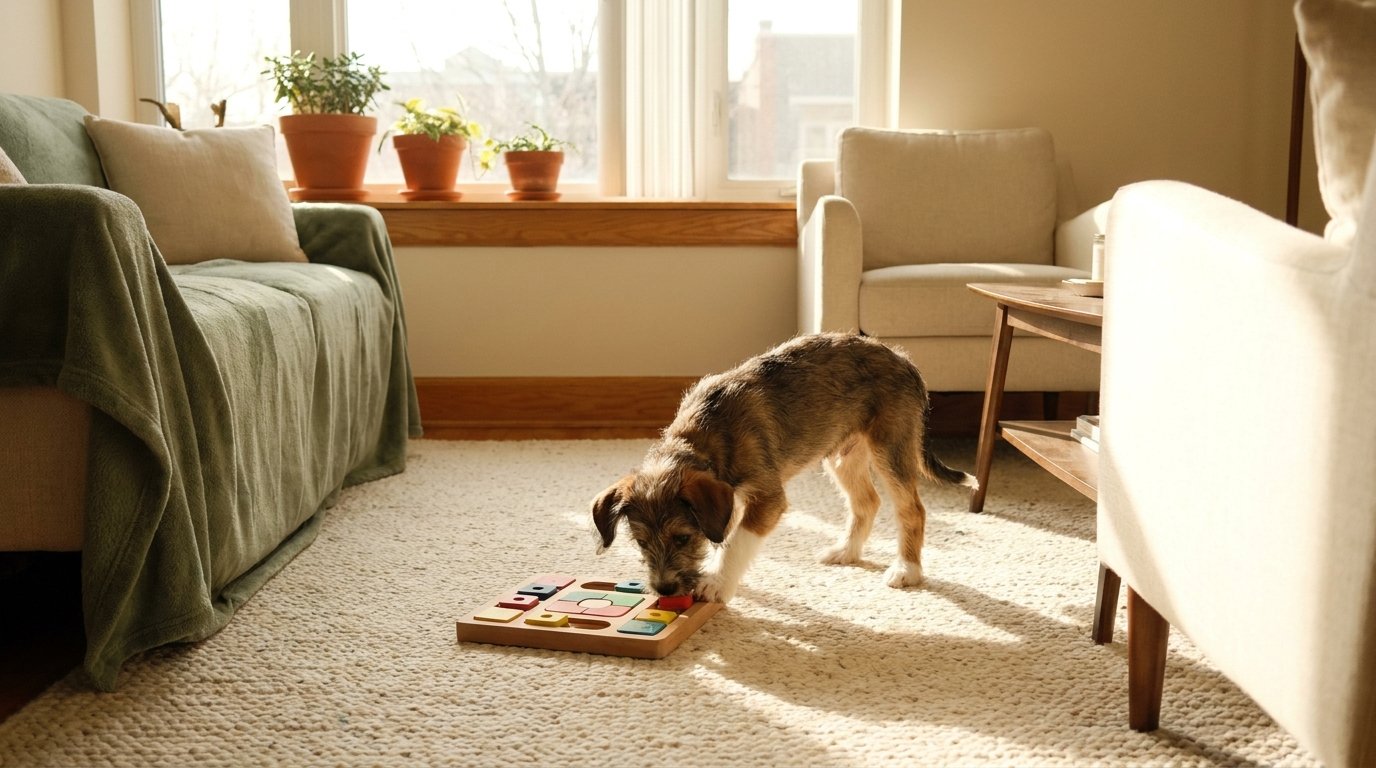 A small puppy playing with an interactive puzzle toy on an area rug in a bright apartment living room.