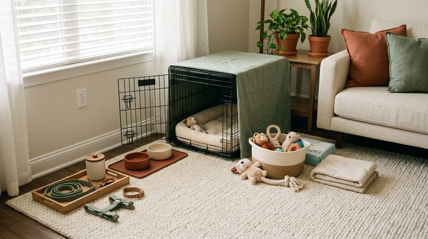 A collection of puppy supplies including a metal crate, dog bowls, toys, and a leash arranged on a living room floor.