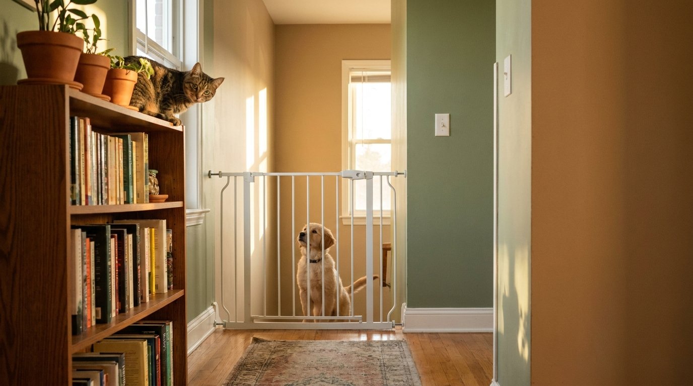 A cat looking down from a shelf at a small puppy behind a baby gate in a hallway.