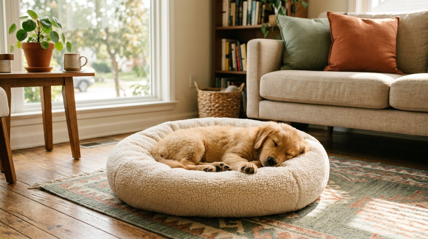 A golden retriever puppy sleeping deeply on a dog bed in a sunlit living room.