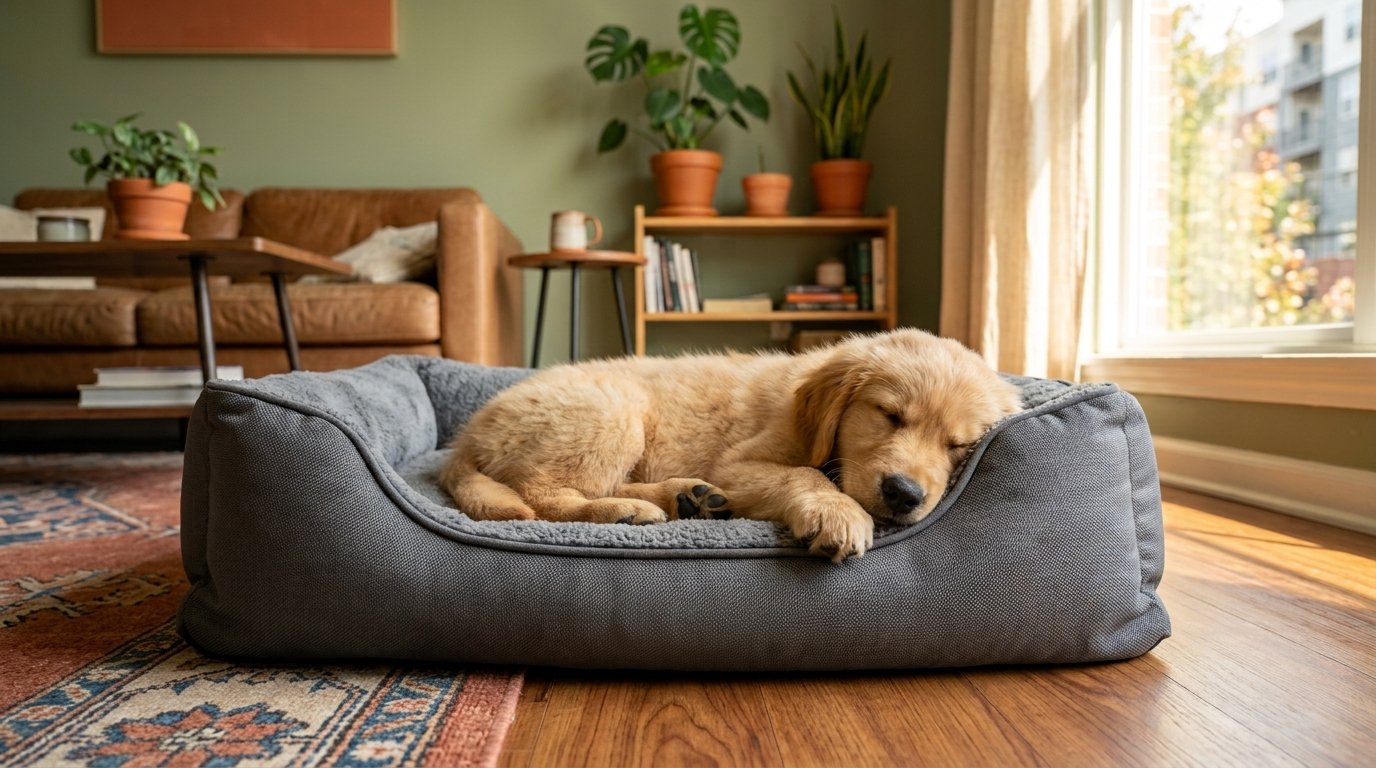 A golden retriever puppy sleeping on a durable dog bed in a sunlit living room.