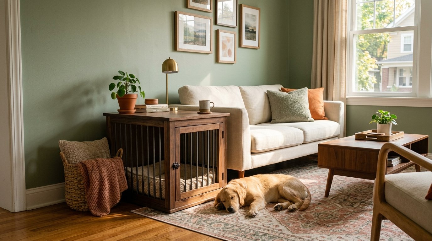 A clean apartment living room featuring a wooden dog crate table and a resting dog.