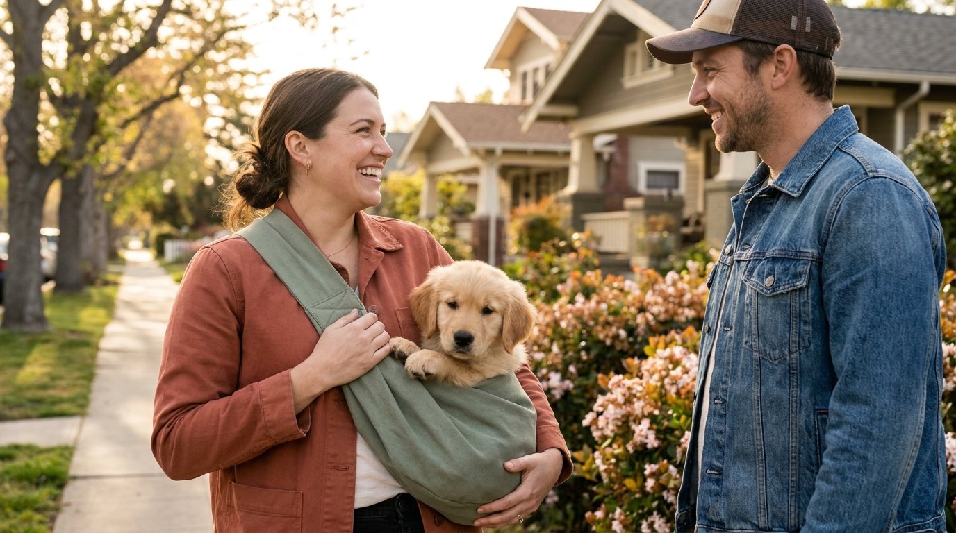 A pet owner holding a puppy in a sling while talking to a stranger on a sidewalk.