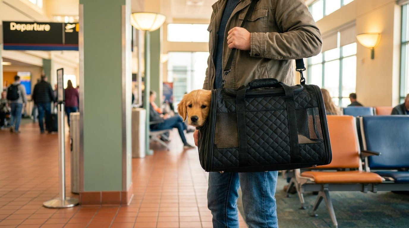 A pet owner holding a soft-sided travel carrier with a small puppy inside near an airport gate.