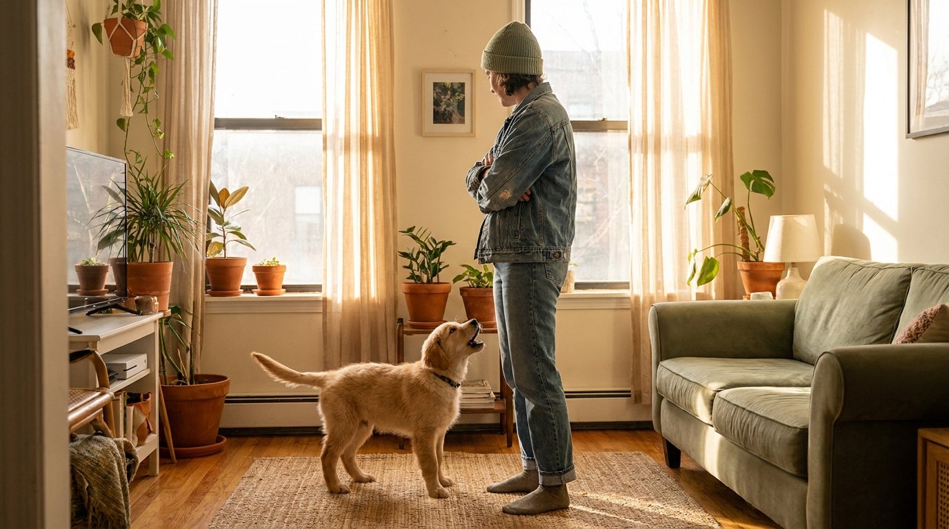 A pet owner standing calmly with arms crossed while a puppy stands on the floor indoors.