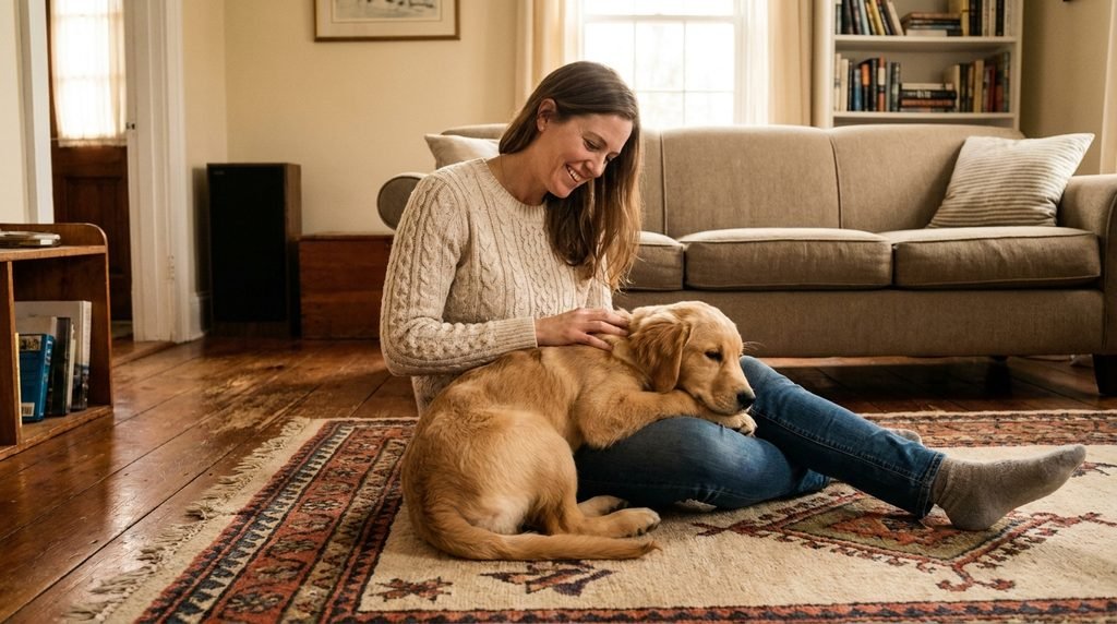 A pet owner petting a puppy on a living room rug.