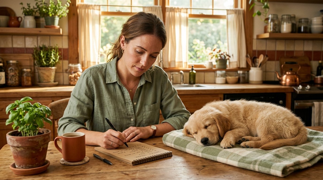 A pet owner reviewing a daily schedule on a notepad next to a sleeping puppy.