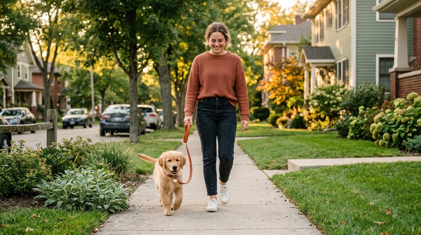A pet owner walking a calm golden retriever puppy on a suburban sidewalk.