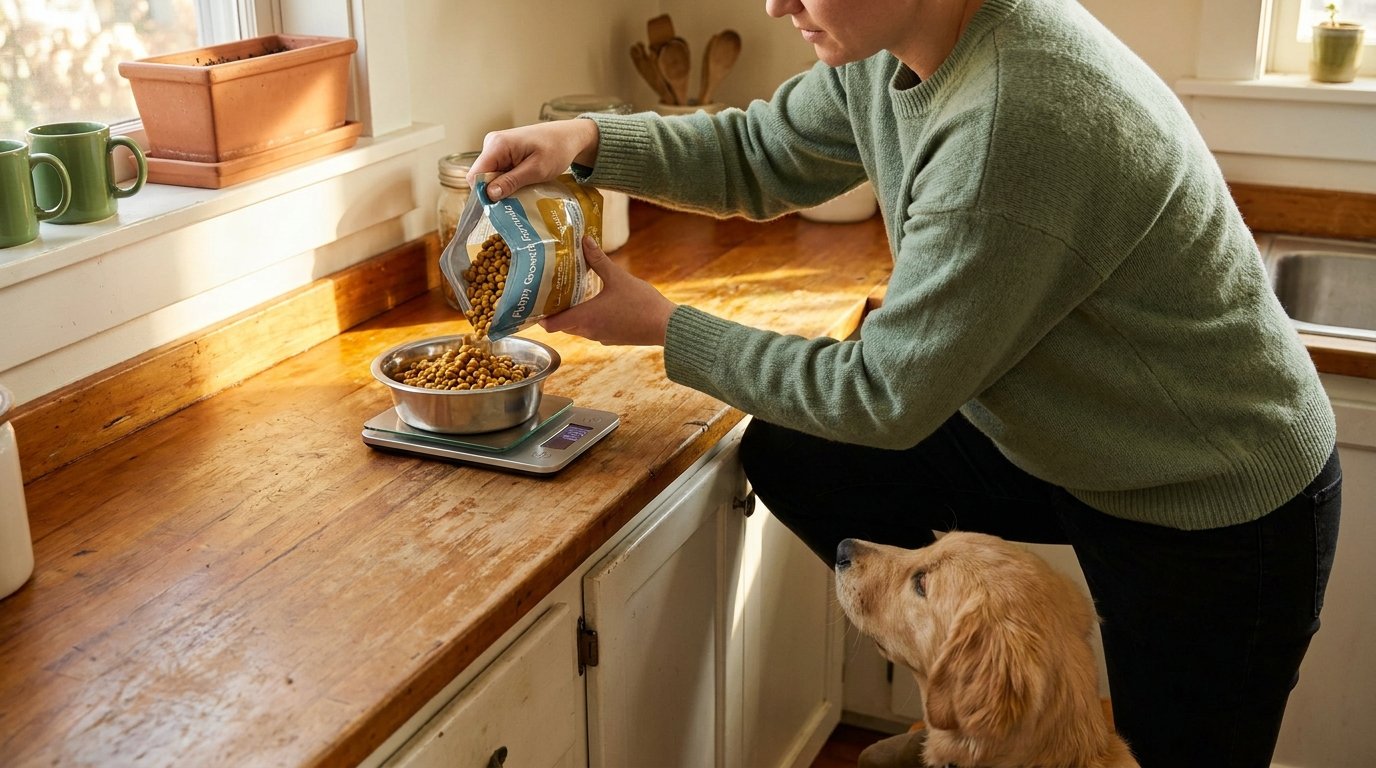 A pet owner weighing puppy kibble on a digital kitchen scale next to a dog bowl.