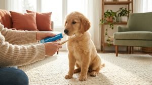 A golden retriever puppy sitting on a rug next to a tube of dog toothpaste and a toothbrush in a bright living room.