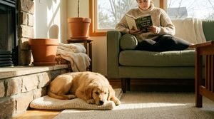 A golden retriever puppy resting quietly on a woven mat in a sunlit living room next to a couch.