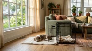 A small mixed-breed puppy sleeping on a simple mat next to a wire crate in a sunlit living room.