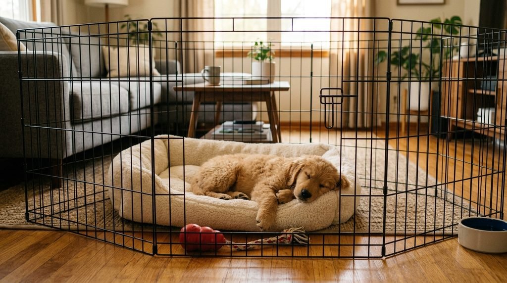 A puppy resting quietly inside an indoor exercise pen.