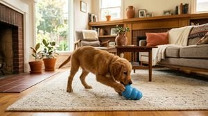 A golden retriever mixed-breed puppy pushes a blue treat-dispensing toy on a living room rug.