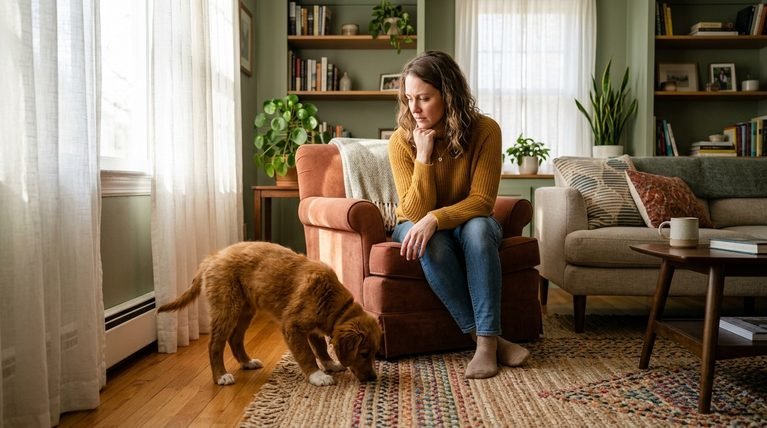 A person watches a small golden mixed-breed puppy sniffing the floor intently in a living room.