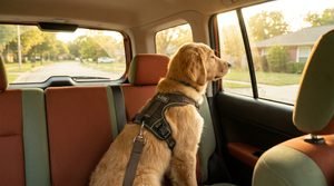 Golden retriever mix puppy wearing a safety harness sitting in the back seat of a car.