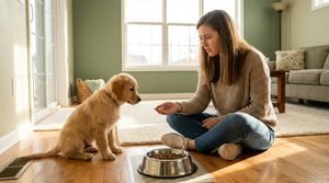 A woman sits on a living room floor looking at a golden retriever puppy near a stainless steel food bowl.