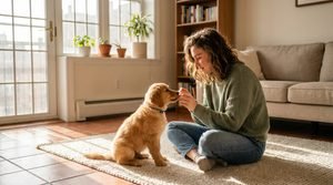 A woman in a sage green sweater sits on a cream rug in a sunlit apartment, hand-feeding a small, fluffy golden retriever mix puppy wearing a blue collar.