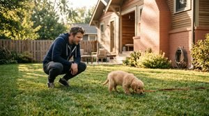 A pet owner supervising a golden retriever puppy on a green suburban lawn.