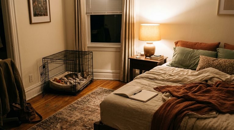 An open notebook log and a dog crate resting in a quiet, dimly lit apartment bedroom at night.