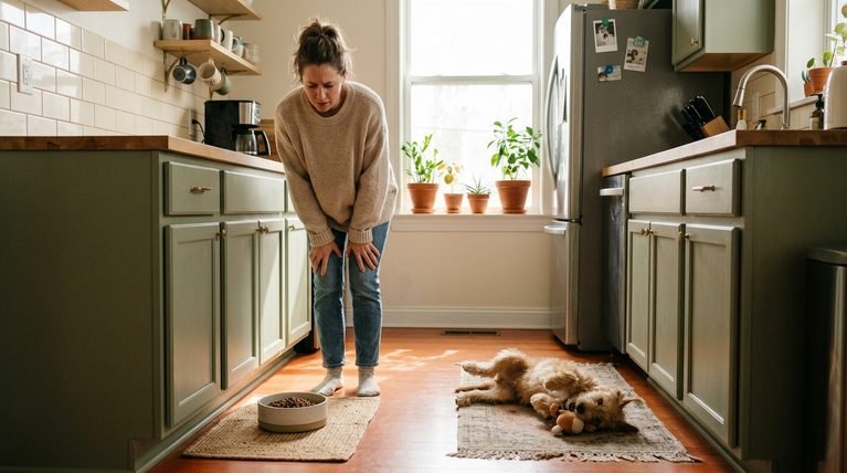 A pet owner looking at a dog food bowl with untouched kibble in a bright kitchen.