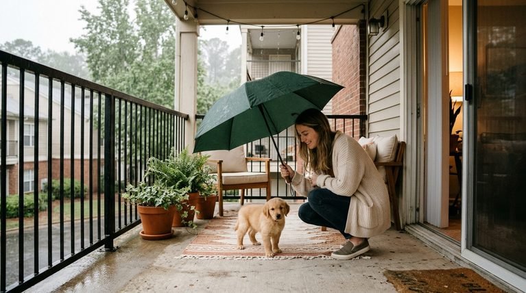 A pet owner holding an umbrella over a small puppy standing on a sheltered porch during rain.