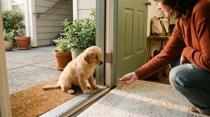 A small puppy hesitating at an open apartment doorway while an owner offers a treat.