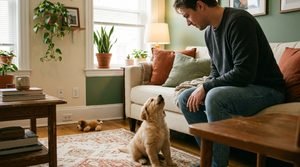 A small puppy looking up and whining toward an owner sitting on a living room sofa.