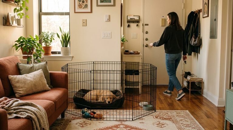 A calm puppy resting inside an indoor exercise pen while an owner steps away.