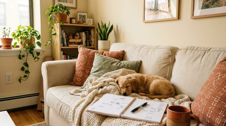 A small puppy resting on a soft blanket next to a daily planner in a warm apartment.