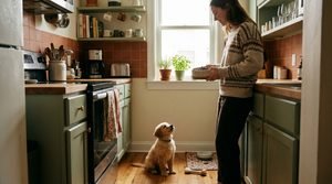 A small puppy sitting calmly in a kitchen while an owner holds a food bowl at chest height.