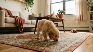 A small puppy sniffing the living room rug intently in a warm apartment setting.