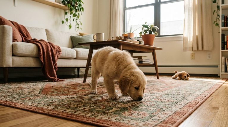 A small puppy sniffing the living room rug intently in a warm apartment setting.