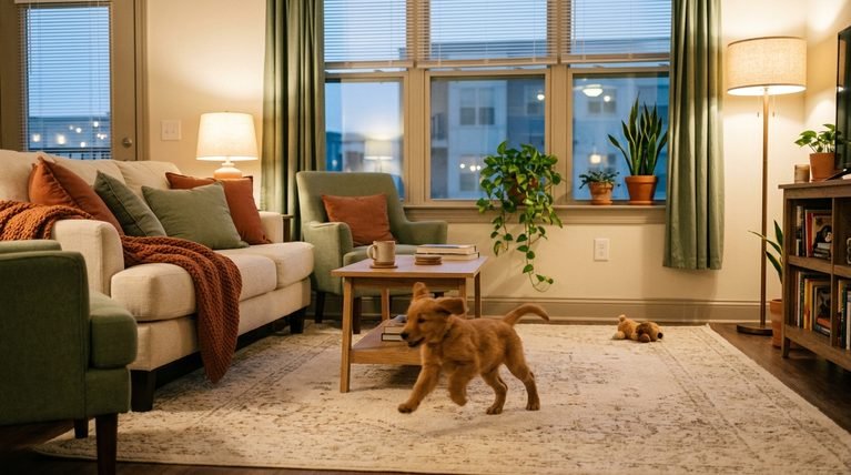 A small puppy sprinting across a living room rug during evening zoomies in an apartment.
