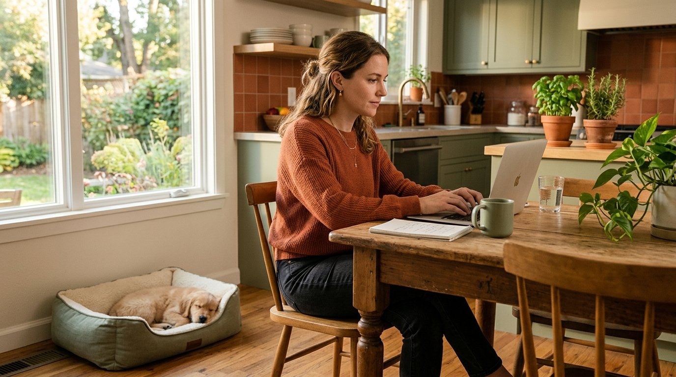 A professional worker typing on a laptop at a table with a resting puppy nearby.