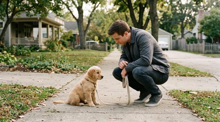 A young man crouching on a suburban sidewalk, looking down and interacting with a small golden puppy wearing a leash during an outdoor walk.