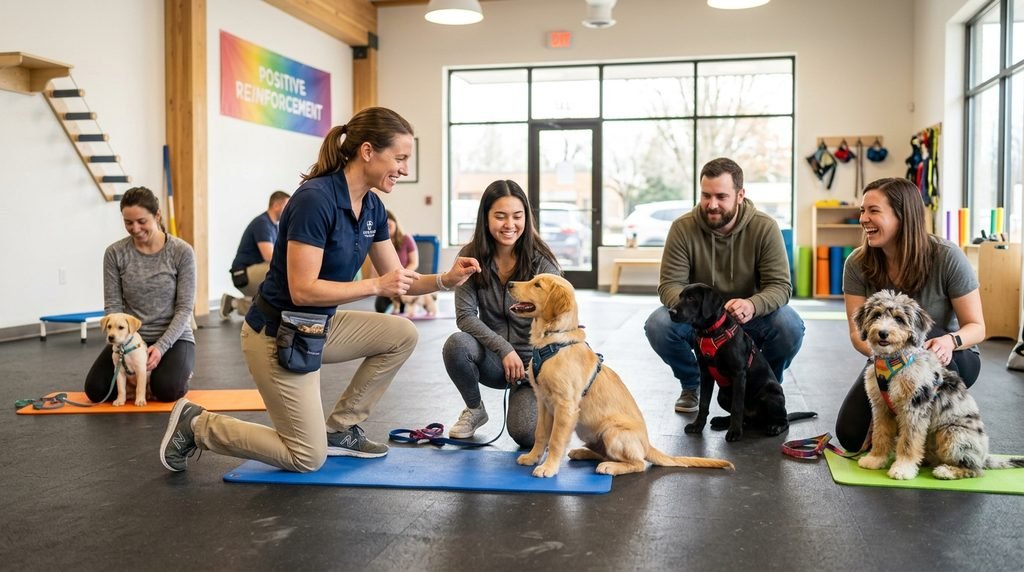 A professional trainer guiding puppies and owners in an indoor studio.