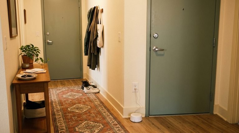 A white noise machine plugged into an outlet near a closed high-rise apartment front door.