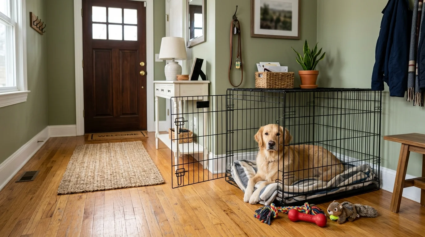 Neat puppy crate with a cozy blanket and toys set up on hardwood floors in an entryway.