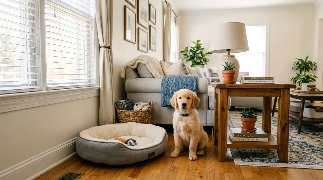 Small puppy sitting peacefully on a clean living room floor next to a dog bed in a sunlit home.